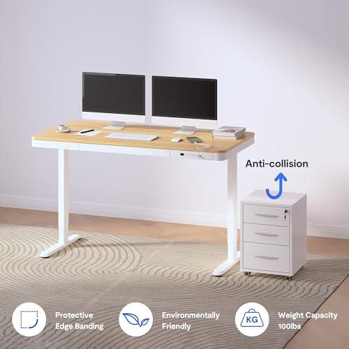 FLEXISPOT Comhar 55" Electric Standing Desk with Drawers, USB Charging Ports, Quick Assembly, Height Adjustable Sit Stand Computer Desk with Child Lock for Scandinavian Home Office, Maple - size: 55"Maple/White