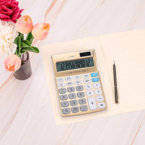 Solar Powered 12 Digit Large LCD Display Standard Function Desktop Calculator, Gold
