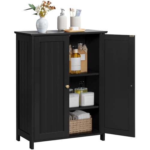 Yaheetech Small Bathroom Storage Cabinet for Towels with 2 Doors, Black | Slim Freestanding Floor Organizer, 2 Adjustable Shelves Hold Toiletries, Fits Halls or Laundry Rooms, Beadboard MDF, 12" Deep - color: Black, size: 24″ L × 12″ W × 32″ H