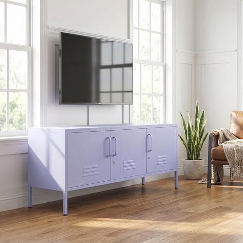 47" Wide Steel TV Cabinet TV Media Table with Three Doors TV Console Cabinet with One Adjustable Shelf Built-in Suitable for Bedroom Living Room Purple Size：22" H x 47.3" W x 13.8" D - color: Purple, style: 22"H-TV-SM