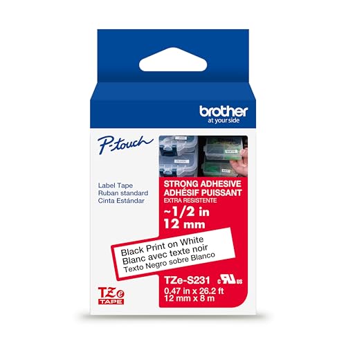 Brother Genuine P-Touch TZe Black Print on White Label Tape (TZeS231), Strong Adhesive Laminated, ~1/2in x 26.2ft (12mm x 8m), for Select P-Touch Label Makers, Water-Resistant, Extra Strength - color: Black Print on White Extra Strength Tape, size: Pack o