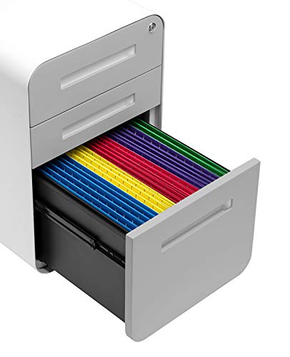 Laura Davidson Furniture Stockpile 3 Drawer File Cabinet with Lock - Under Office Desk Metal Filing Cabinet, Legal/Letter File Folders, Wheels and Stationary Feet, Pre-Assembled, Light Grey Faceplate - color: Light Grey Faceplate