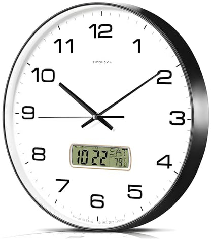 Wall Clock, 13" Dial Non-Ticking Silent Battery Operated Analog with LCD Display for Perpetual Calendar and F° Temperature, Ideal Modern Home, Bedroom, Kitchen, Office Decor(Black) | Perpetual calendar, Fahrenheit temperature, easy-to-read analog dial, ba