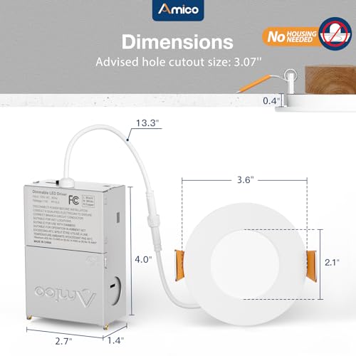 Amico 12 Pack 3 Inch LED Recessed Lighting, Canless Wafer Downlight, White | 5CCT 2700K-5000K, 5%-100% Dimmable, Ultra-thin, Metal housing, 500LM 7W 120V, IC & Damp Rated, ETL & FCC, 50000h Life Span - color: White, size: 3 Inch