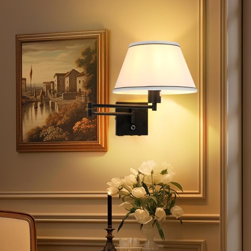 17" Swing Arm Wall Lamp White Fabric Shade - color: Black+White