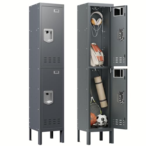 BUTISOW Metal Storage Locker with Lock & Card Slot Locker - Secure Lockable Door - Steel Locker for School, Office, Gym, Home - 66.15" H x 11.8" W x 11.8" D（2 Door, Grey） - color: Grey, size: 2 Door - (66.15" H x 11.8" W x 11.8" D)