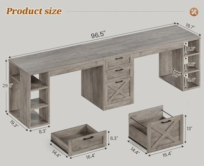 SEDETA Farmhouse 96.5" 2 Person Computer Desk with Drawers, Grey | Home Office Desk, Gaming Double Desk with Storage Shelves, Long Two Person Writing Desk - color: Grey