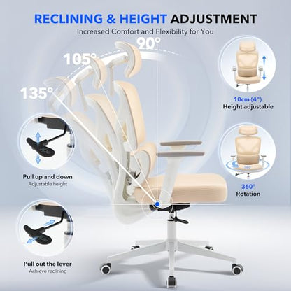 Ergonomic Office Chair Mesh – Adjustable Lumbar 3D Armrests High-Back Desk - color: Beige-p1
