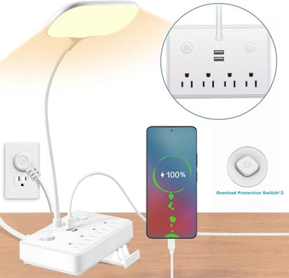 LED Desk Lamp, Power Outlet with Dimming Night Light Desk Light,Table Lamps 3 Lighting Modes Desktop Charging Extension Lead 4 AC Power Outlet and 2 USB Charging Ports for Travel Home Office