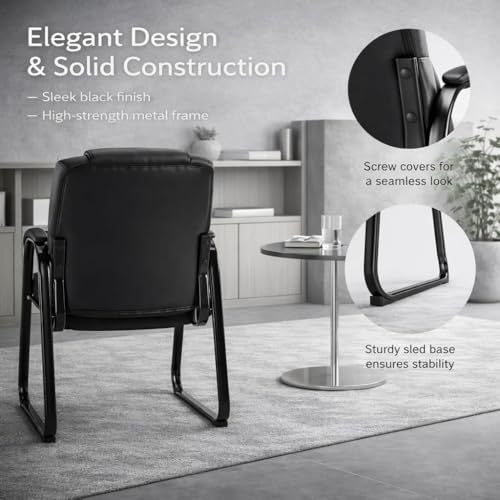 Office Guest Chair, PU Leather Padded Arms, Set of 2 | Waiting rooms, reception areas, conference rooms, clinics, metal frame, no wheels, high-density cushion, ergonomic backrest - color: Black, size: set of 2