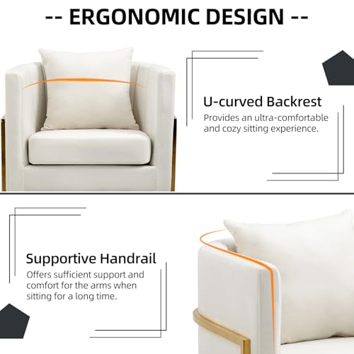Velvet Accent Barrel Chairs Set of 2, Modern Arm Club Chair Set with Pillow for Living Room/Bedroom/Guest Reception, Channel Tufted, Gold Finish Base, White - color: Beige, size: 2 PCS