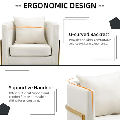 Velvet Accent Barrel Chairs Set of 2, Modern Arm Club Chair Set with Pillow for Living Room/Bedroom/Guest Reception, Channel Tufted, Gold Finish Base, White - color: Beige, size: 2 PCS