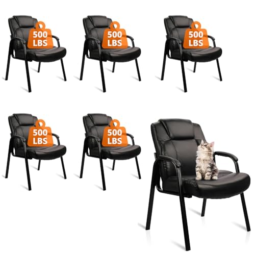CLATINA Big and Tall Office Chair Set of 6 500lbs Leather Reception Chair with Bonded Padded Armrest Wide Seat Desk Chair No Wheels for Reception Conference Waiting Room Side Office Home, Black - color: Black, size: 6 Pack