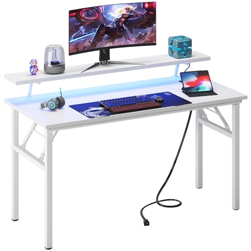 DlandHome 47" Computer Desk with Power Outlets & LED Lights, White, Bedroom - color: White + White, size: 47 Inches + Outlets