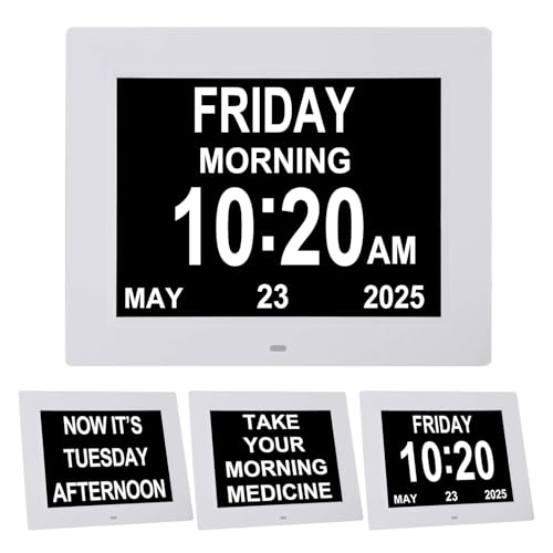 TMC Dementia Clocks for Seniors，8 in Senior Clocks，Medicine Reminders with Alarms，Digital Clock for Bedroom, Entryway, Living Room, Study with SD Card Slot (Black) - color: 8010-8 Languages-white