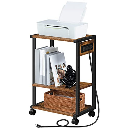 HOOBRO Industrial Printer Stand with Charging Station, 3-Tier Printer Table, Rolling Printer Cart with Adjustable Shelf and Hook, Rustic Brown and Black BF28UPS01 - color: Rustic Brown + Black