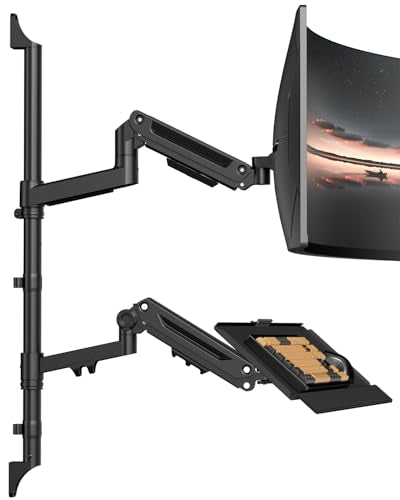 Heavy Duty Wall Mount Monitor Arm with Keyboard Tray for 17-49 Inch | Gas Spring Full Motion Workstation Holds up to 44lbs, Height Adjustable Sit Stand Desk, VESA 75x75/100x100mm, Black - size: 17-49 Inch