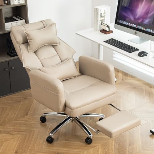 Executive Office Chair, Big and Tall Ergonomic Desk Chairs with Headrest & Footrest, Adjustable High-Back Recliner, Swivel Computer Chair w/Side Pockets, Lumbar Support for Home Office (Beige) - color: Beige