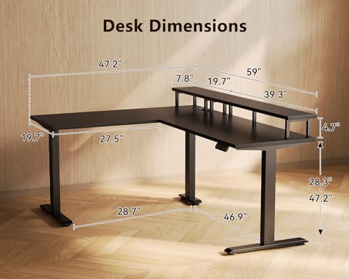 AODK 59 Inch L Shaped Electric Standing Desk, Single Monitor Stand, Black