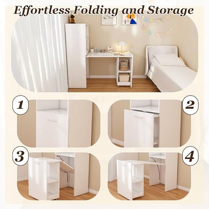 White Wooden Compact Folding Computer Desks for Small Spaces | Foldable Desk with Storage Shelves, Expandable Hidden Murphy Table with Wheels, Space Saving Writing Table for Bedroom - color: White