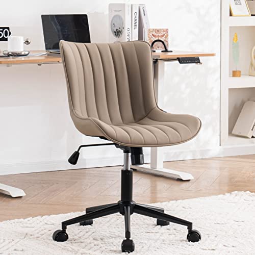 YOUNIKE Green Office Desk Chair with Wheels Armless Vanity Chair Modern | Faux Leather Upholstered with Rocking Back, Swivel Height Adjustable Small Cute Computer Rolling Task Chair Ergonomic 300lb - color: Khaki, size: Base Black