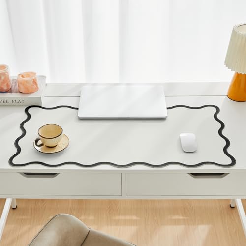 Scalloped Desk Mat, 31.5" x 15.7", PU Leather, Waterproof Anti-Slip, Cute Aesthetic Desk Pad for Office/Home/Game/Vanity (Black, 31.5" x 15.7") - color: Black