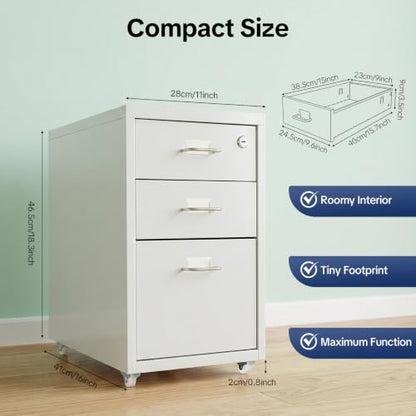 3-Drawer Metal Vertical File Cabinet, Narrow Mobile File Cabinet with Lock and 2 Keys, Under Desk Storage Drawer for Study Home-11 * 16 * 18.3in (White) - color: White