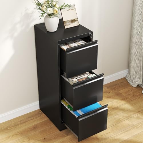 3 Drawer File Cabinet with Lock,Metal Vertical Filing Cabinets for Home Office,Heavy Duty File Storage Cabinet for Letter/Legal/A4/F4 Size File,Easy to Assemble,Black - color: Black, size: 3 Drawer-15"W