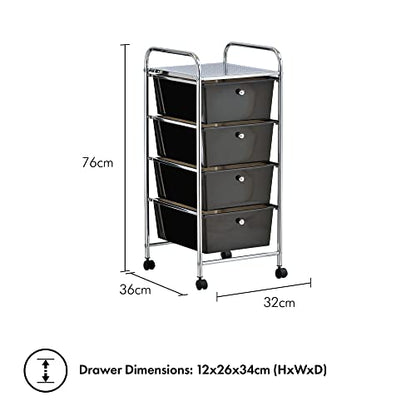VonHaus 4 Drawer Plastic Storage Trolley, Multipurpose Storage Drawer Rolling Cart, Unit Home Office Stationery Organisation, Make-up, Beauty - Mobile Design 4 Tier Shelving and Castor Wheels - Black