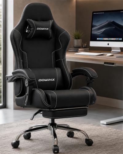 Dowinx Ergonomic Gaming Chair with Footrest & Massage Lumbar, 2D-Linkage Armrests for Computer Chair 330lbs with Headrest Pillow for Office, Home, Streaming and Long Gaming Sessions, Fabric Black - color: Pitch Black