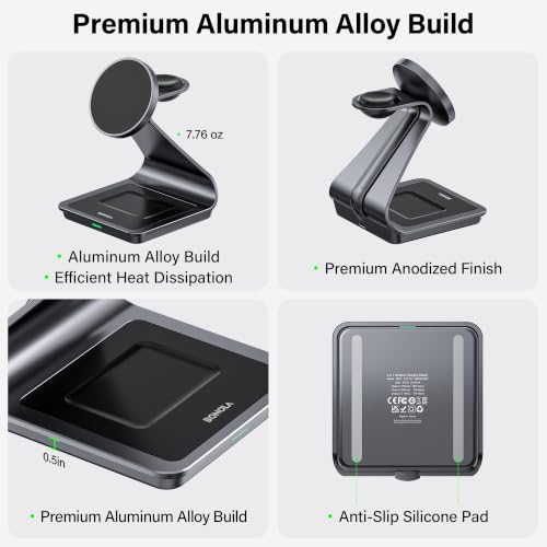 3-in-1 Wireless Charging Station for iPhone 17/16/15/14/13/12 Series, Apple Watch & AirPods, Aluminum Magnetic Charger Stand, MagSafe Compatible Fast Charging Dock for Multiple Devices
