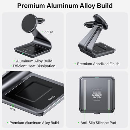 3-in-1 Wireless Charging Station for iPhone 17/16/15/14/13/12 Series, Apple Watch & AirPods, Aluminum Magnetic Charger Stand, MagSafe Compatible Fast Charging Dock for Multiple Devices