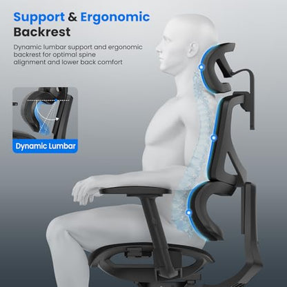 OdinLake L1 Ergo Upgrade 518 Black Ergonomic Mesh Office Chair – Big & Tall 350lbs, Dynamic Lumbar Support, Adjustable Height, Seat Depth, Headrest, Armrests, BIFMA Certified Desk Chair - color: Black