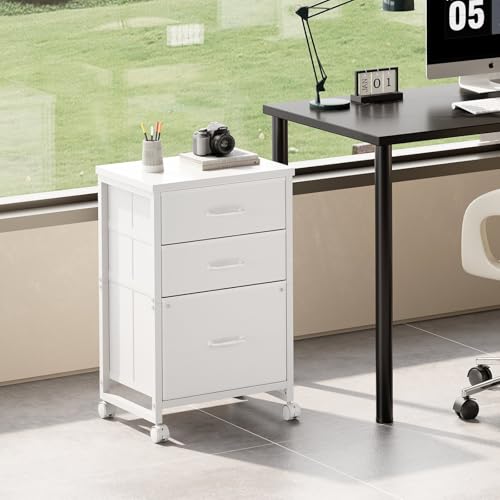 Maihail 3 Drawer File Cabinet with Wheels with Open Storage Shelf, White | Rolling Printer Stand Fabric Lateral Filing Cabinet for Home Office - color: White
