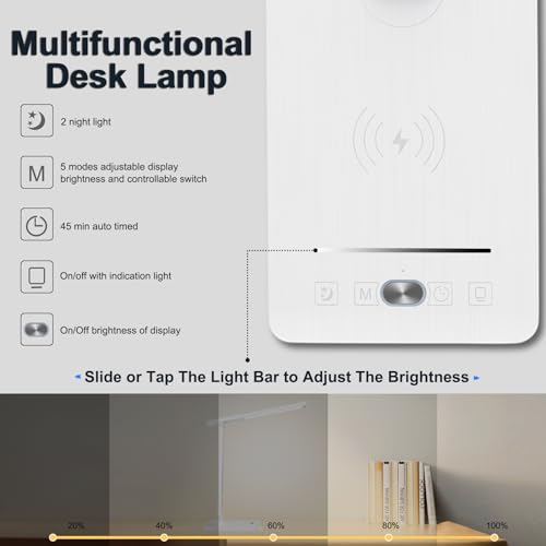 10 in 1 Smart Desk Lamp Led, Desk Light for Colleage Drom Room Office, Eye-Caring Table Lamp with Night Light, Lamp for Desk with 10W Wireless Charger, Dimmable Touch Lamp, Birthday Gifts for Women - color: White-Pro