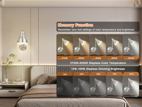 GOODATE 1 Pack Plug in Wall Sconce with Remote Control, Dimming, Adjustable Colors 2700K-6500K, Plug in Wall Light, Swing Arm Wall Lamp with Night Light & Timer, LED Bulb Included, Brushed Nickel - size: Brushed Nickel-1 PACK(Bulb+Remote)