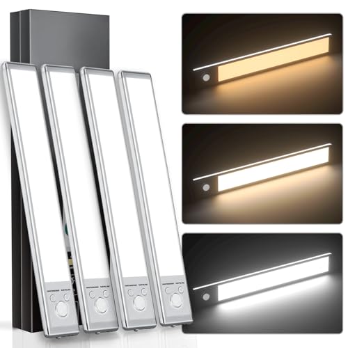 Soul Link 4-Pack 12" 88-LED Motion Sensor Under Cabinet Lights, Wireless | Button control, 2200mAh rechargeable batteries, magnetic mounting, dimming and 3 color modes for kitchen or closet. - size: 12inch - 4pack