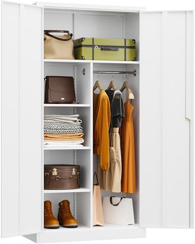 White Wardrobe Cabinet with Lock and Hanging Rod,72" Armoire Closet with Shelf,Lockable Storage Locker,Metal Storage Cabinet with Locking Doors,Steel Wardrobe for Home,Bedroom,Office,Employee,Shop - color: White, size: 72"H -Wardrobe