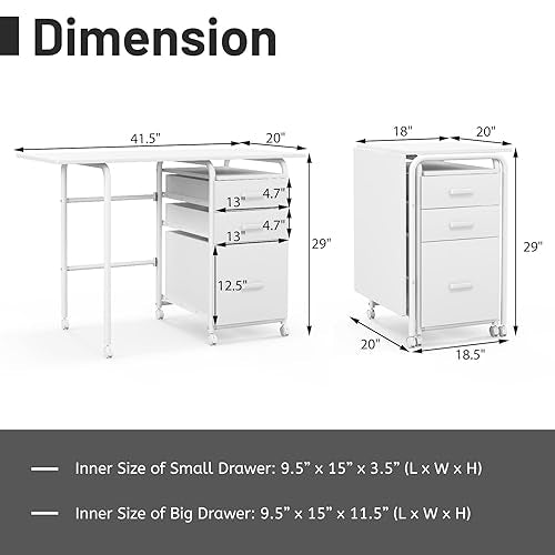 Giantex White Folding Desk for Small Space, Rolling Home Office Desk with 3 Drawers & Lockable Universal Wheels, Mobile Study Writing Desk for Dorm Apartment Bedroom - color: White