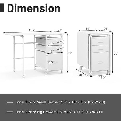 Giantex White Folding Desk for Small Space, Rolling Home Office Desk with 3 Drawers & Lockable Universal Wheels, Mobile Study Writing Desk for Dorm Apartment Bedroom - color: White