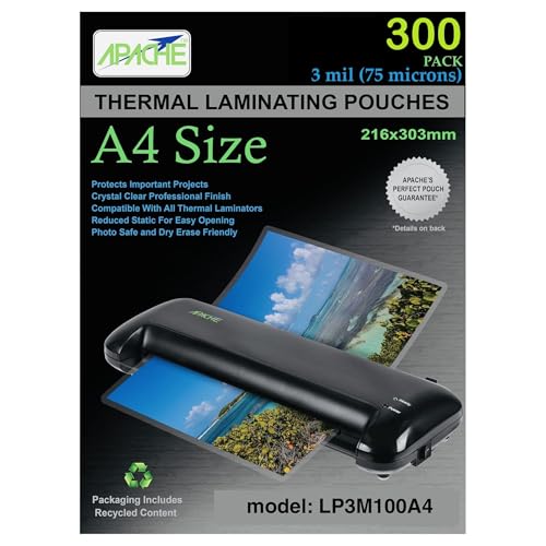 Apache A4 Size Laminating Pouches, 3 Mil, 300 Pack, Holds 210 x 297 mm Projects (216 x 303 mm Pouch Size), Thermal Laminator Compatible Laminating Sheets, Super Clear, Round Corners - size: 300 Pack, style: A4