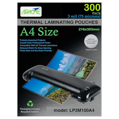 Apache A4 Size Laminating Pouches, 3 Mil, 300 Pack, Holds 210 x 297 mm Projects (216 x 303 mm Pouch Size), Thermal Laminator Compatible Laminating Sheets, Super Clear, Round Corners - size: 300 Pack, style: A4