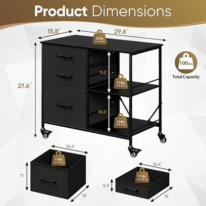 ZENY Lateral File Cabinet with 3 Drawers, Mobile File Cabinet Printer Stand, Rolling Fabric Lateral Filing Cabinet for Office Home Small Space (Black) - color: Black