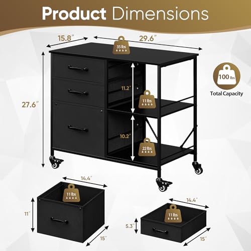 Mobile File Cabinet, Rolling Printer Stand Chest Storage Cabinet with 3 Fabric Lateral Filing Drawer fits A4 &Letter Size and 2 Open Storage Shelf, Organizer Drawers Office Home (Black) - color: Black