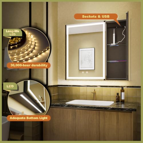 30*28 inch Two-door Aluminum LED Lighted Bathroom Medicine Mirror Cabinet | Light Adjustable, Sockets & USBs inside, Anti-Fog, Easy to Install - color: 30*28 Two-door