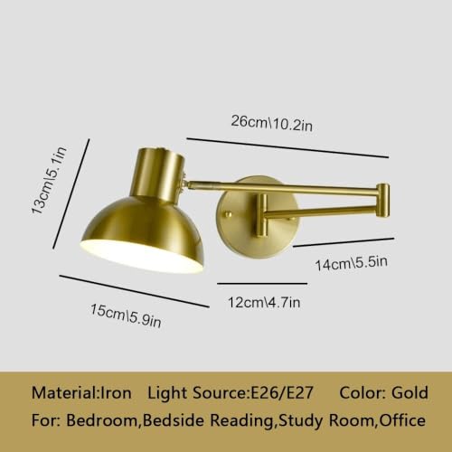 Modern Iron Swing Arm Wall Sconce Gold and Black Adjustable Wall Lamp Fixture for Bedroom Bedside Living Room Reading Mid Century Industrial Wall Mounted Lighting E26 Base Hardwired(Gold) - color: Gold