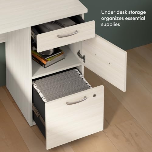 Bestar U or L Shaped Desk with Hutch & Drawers, White Chocolate, Logan, 66W | With Pedestal and Hutch; The Bestar Logan U or L Shaped Desk with Drawers and Hutch offers a customizable solution - color: White Chocolate