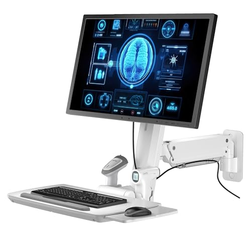 MED02 Medical Wall Mount Workstation with Folding Keyboard Tray | Large Sliding Mouse Pad | Height Adjustment Space Save Folding Design for 17"-35" Screen | Scanner Holder With CPU Wall Mount