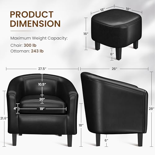 Yaheetech Accent Chairs with Ottoman, Faux Leather Barrel Chairs, Black - color: Black, size: Chair:25.5x 27.5 x 28''H Ottoman:18x 18.7x 15.7''H