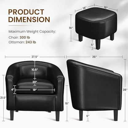 Yaheetech Accent Chairs with Ottoman, Faux Leather Barrel Chairs, Black - color: Black, size: Chair:25.5x 27.5 x 28''H Ottoman:18x 18.7x 15.7''H